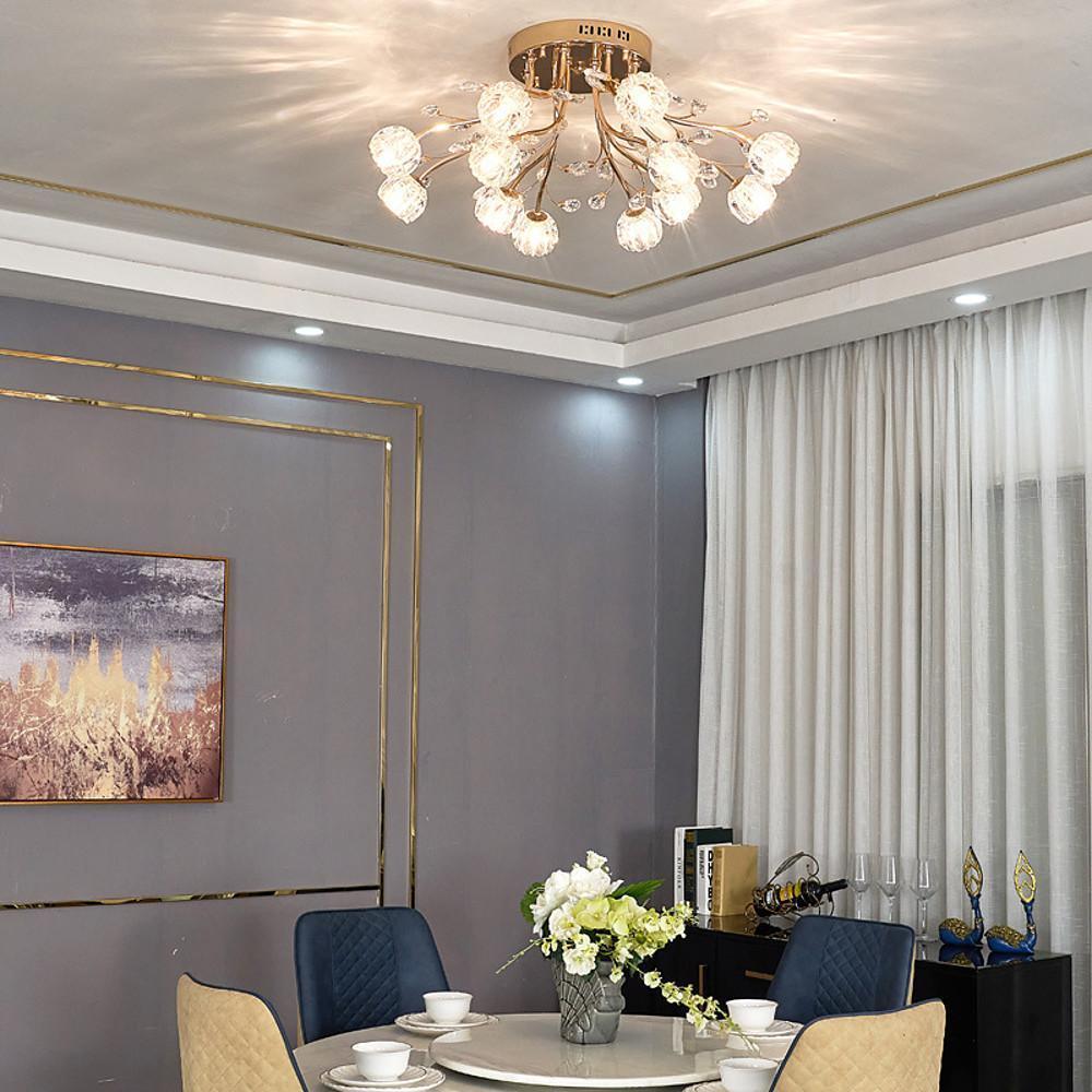 Modern Gold Glass Globe LED Flush Mount Ceiling Lamp Luxury Crystal Cluster Lighting Fixture