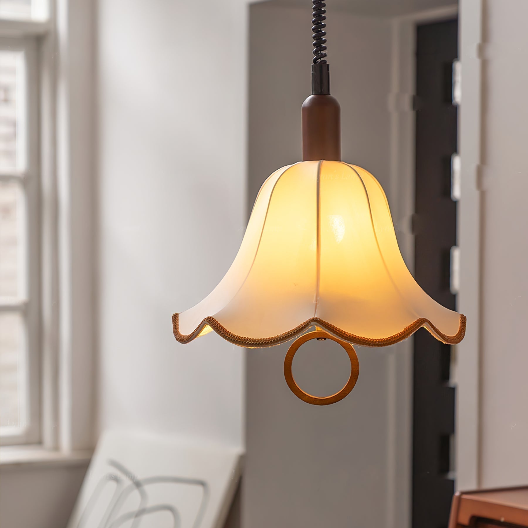 Eryn Mid Century Modern Beige Fabric Pendant Light with Walnut Wood Frame Hanging Ceiling Lamp