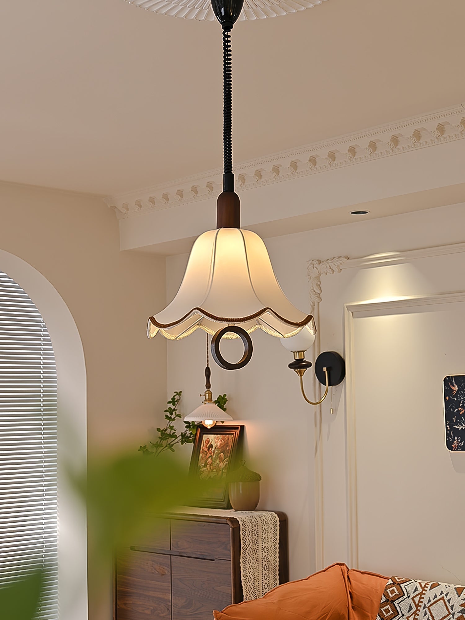 Eryn Mid Century Modern Beige Fabric Pendant Light with Walnut Wood Frame Hanging Ceiling Lamp
