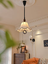 Eryn Mid Century Modern Beige Fabric Pendant Light with Walnut Wood Frame Hanging Ceiling Lamp