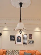 Eryn Mid Century Modern Beige Fabric Pendant Light with Walnut Wood Frame Hanging Ceiling Lamp