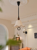 Eryn Mid Century Modern Beige Fabric Pendant Light with Walnut Wood Frame Hanging Ceiling Lamp