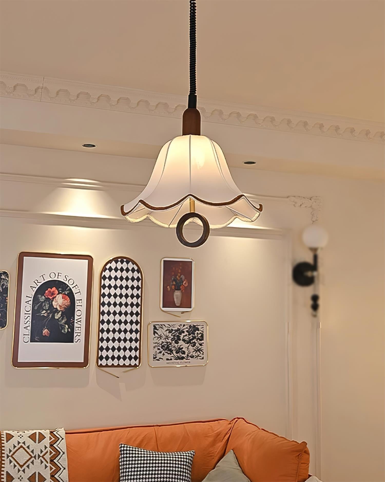 Eryn Mid Century Modern Beige Fabric Pendant Light with Walnut Wood Frame Hanging Ceiling Lamp
