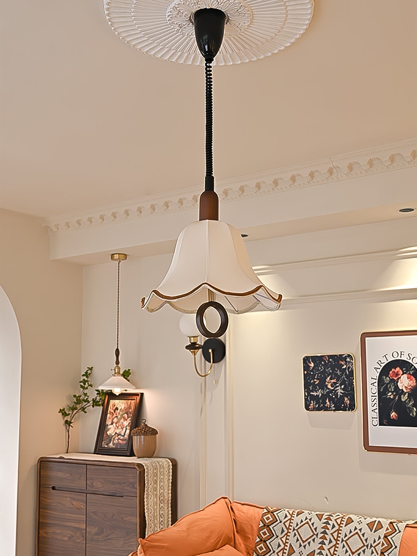 Eryn Mid Century Modern Beige Fabric Pendant Light with Walnut Wood Frame Hanging Ceiling Lamp
