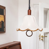 Eryn Mid Century Modern Beige Fabric Pendant Light with Walnut Wood Frame Hanging Ceiling Lamp