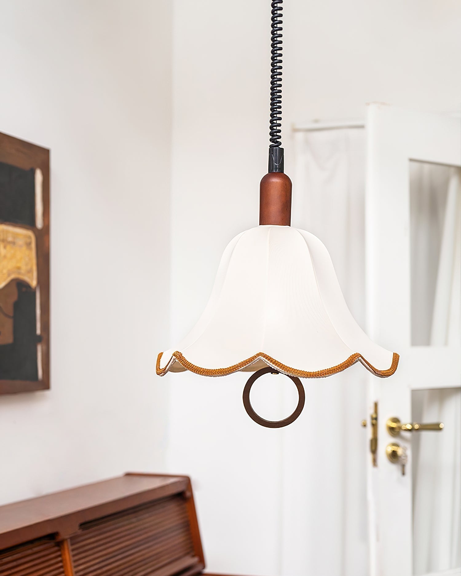 Eryn Mid Century Modern Beige Fabric Pendant Light with Walnut Wood Frame Hanging Ceiling Lamp
