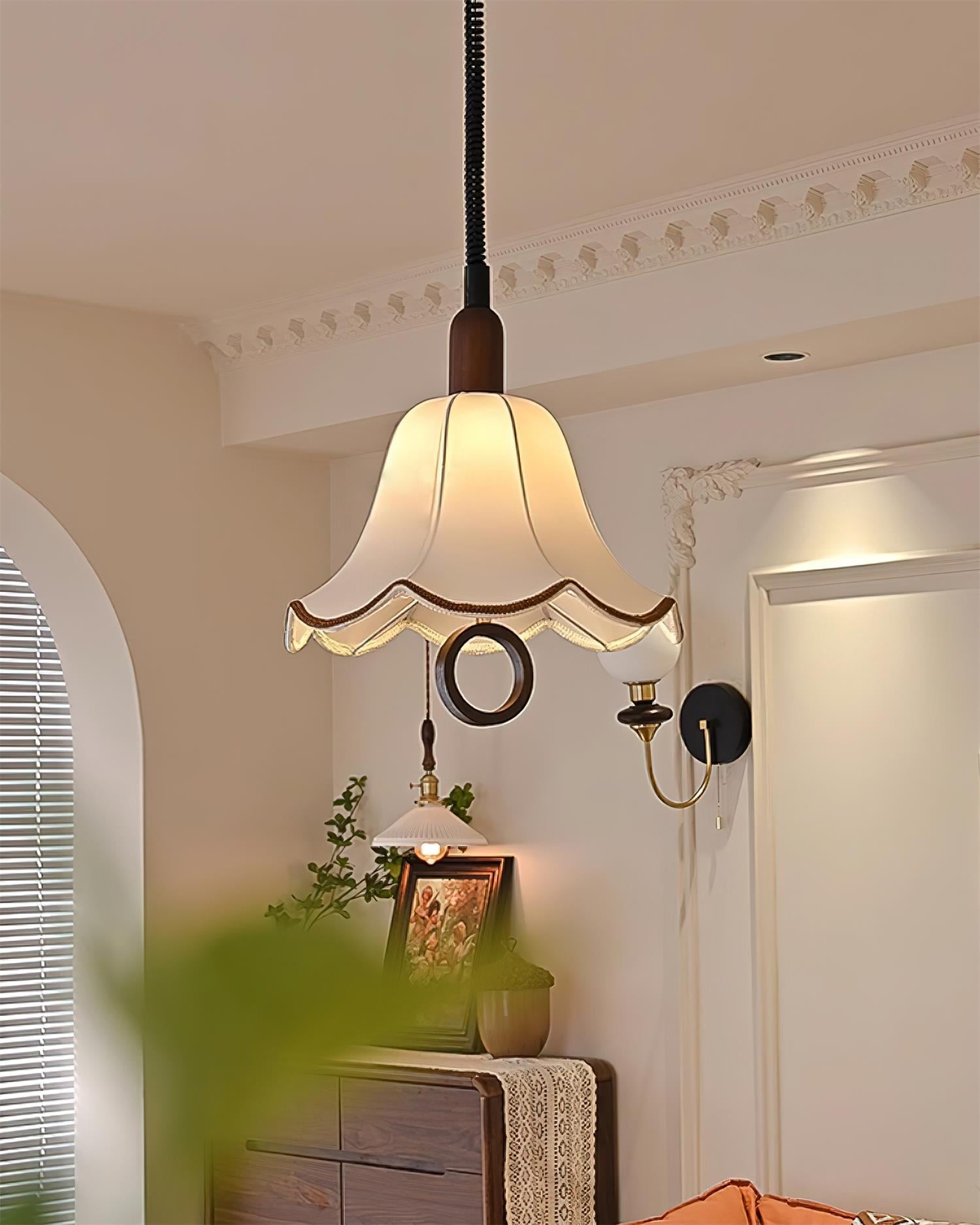 Eryn Mid Century Modern Beige Fabric Pendant Light with Walnut Wood Frame Hanging Ceiling Lamp