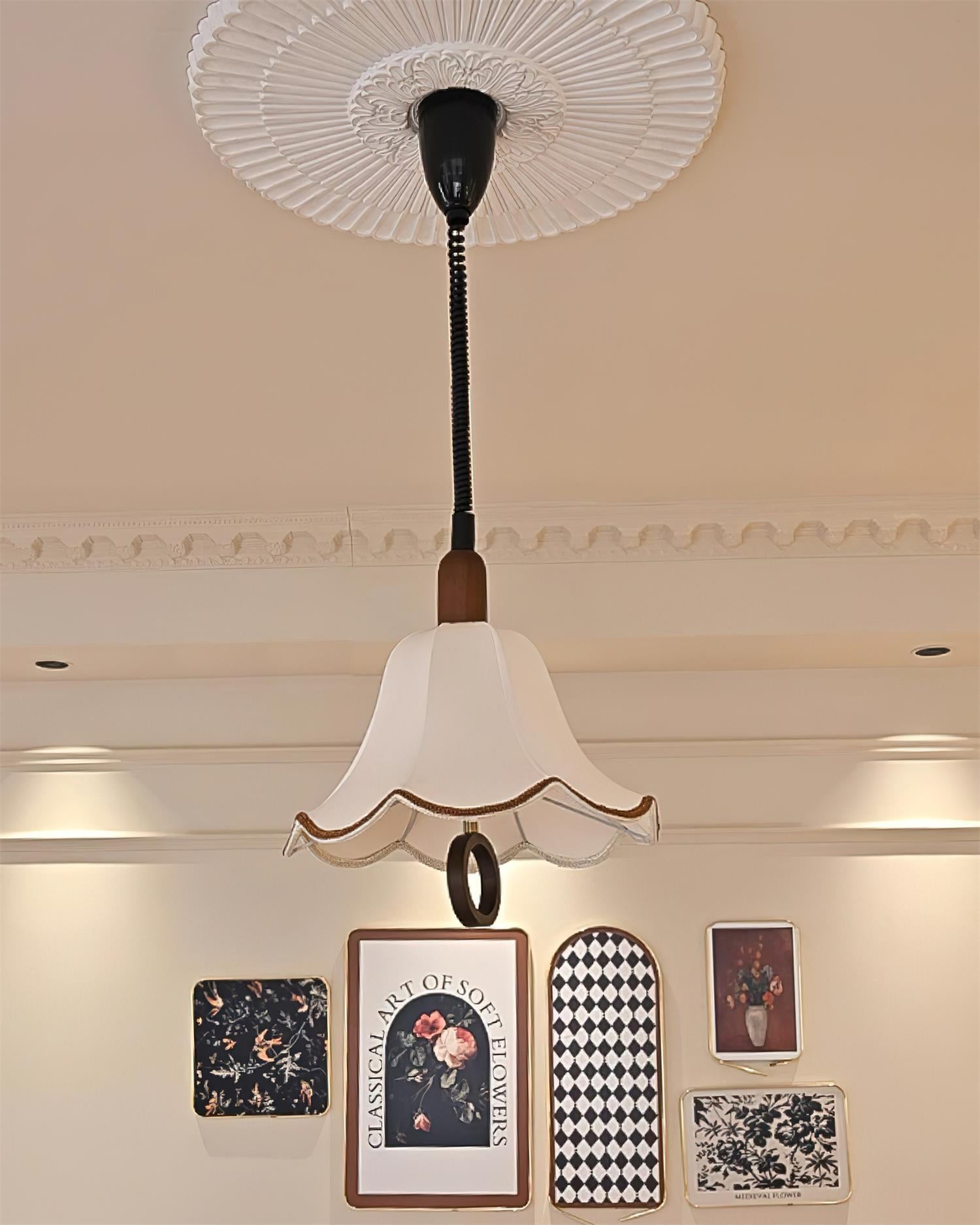 Eryn Mid Century Modern Beige Fabric Pendant Light with Walnut Wood Frame Hanging Ceiling Lamp