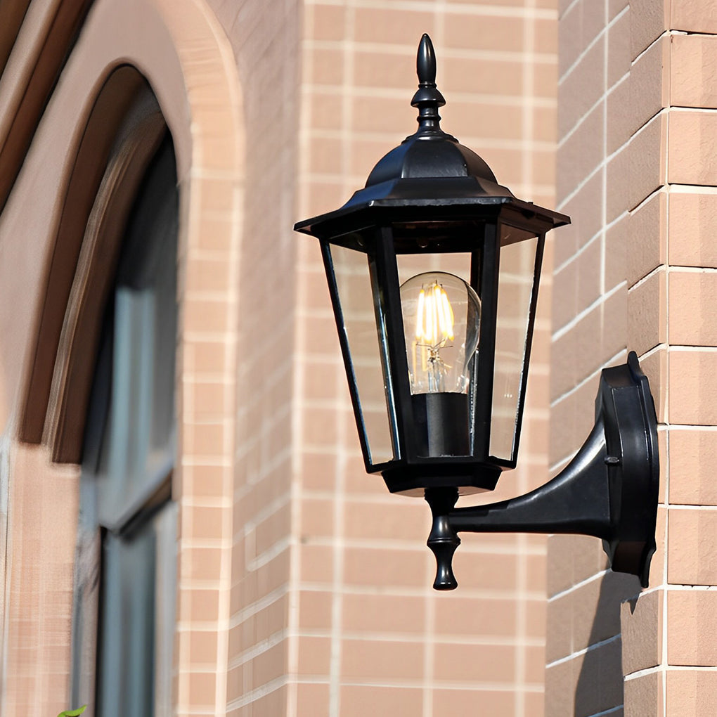 European Retro Hexagonal Outdoor Wall Light Waterproof Exterior Sconce in Aluminum and Glass