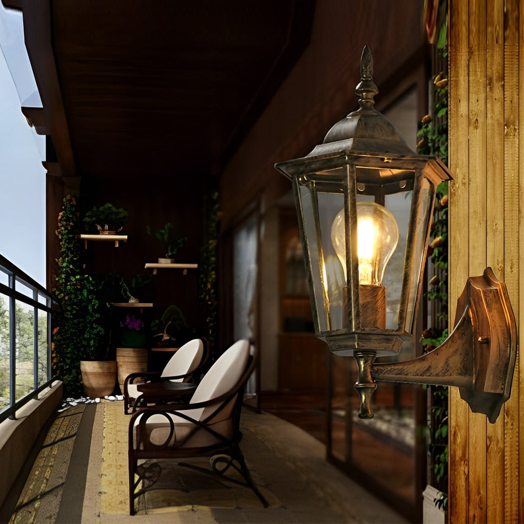 European Retro Hexagonal Outdoor Wall Light Waterproof Exterior Sconce in Aluminum and Glass