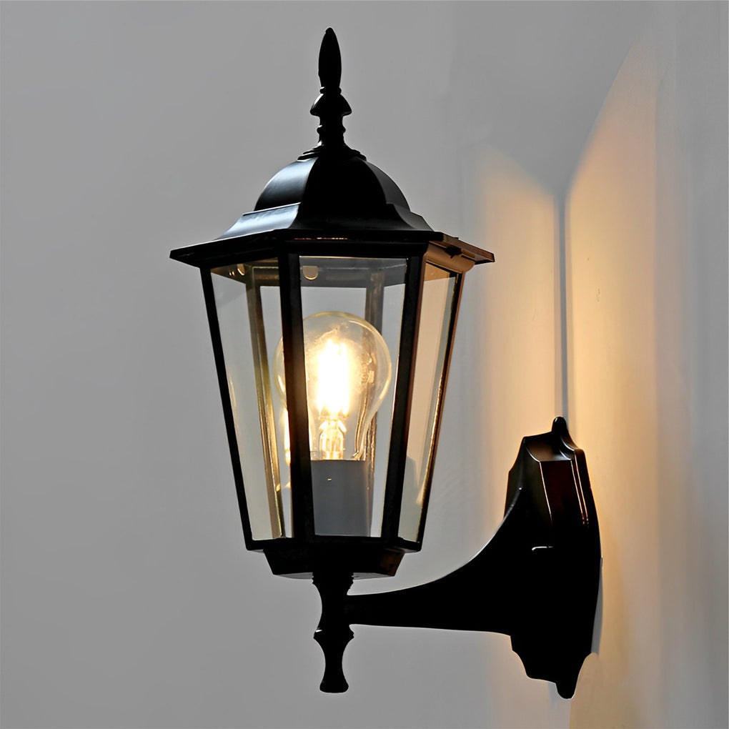 European Retro Hexagonal Outdoor Wall Light Waterproof Exterior Sconce in Aluminum and Glass