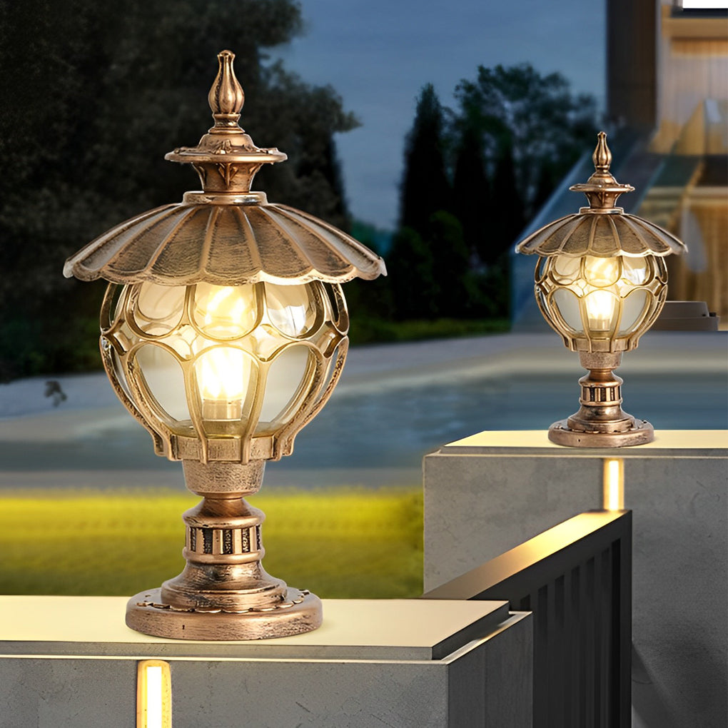 European Style Cognac Glass Flower Ball Pillar Lamp Waterproof Outdoor Post Light