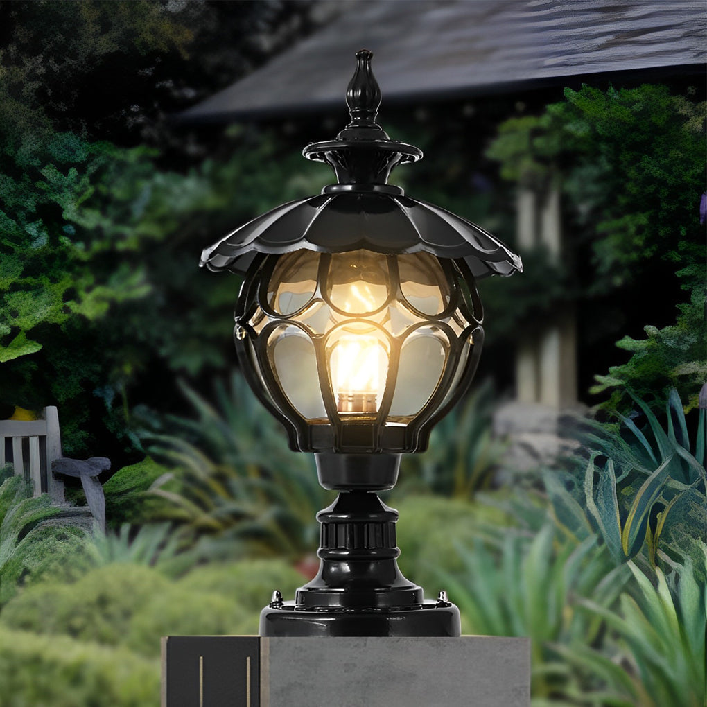 European Style Cognac Glass Flower Ball Pillar Lamp Waterproof Outdoor Post Light