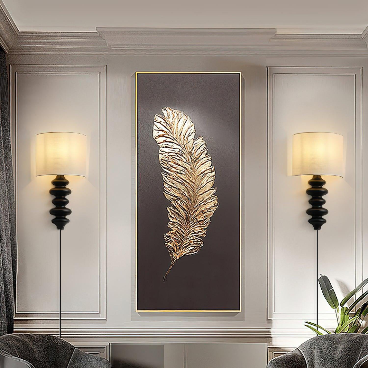 Fishbone Corrugated Solid Wood Plug In Wall Sconce Set of 2 with Linen Shade