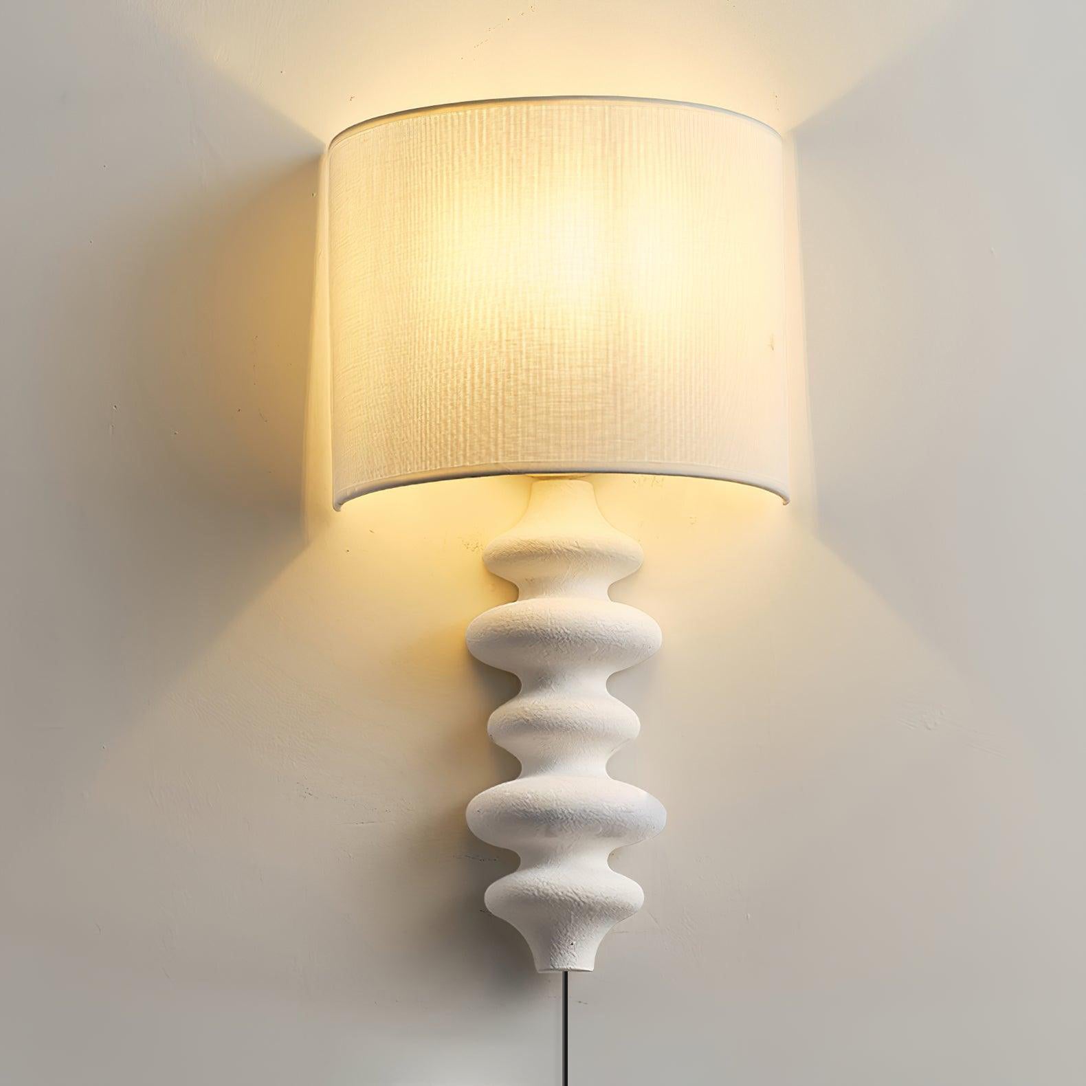Fishbone Corrugated Solid Wood Plug In Wall Sconce Set of 2 with Linen Shade