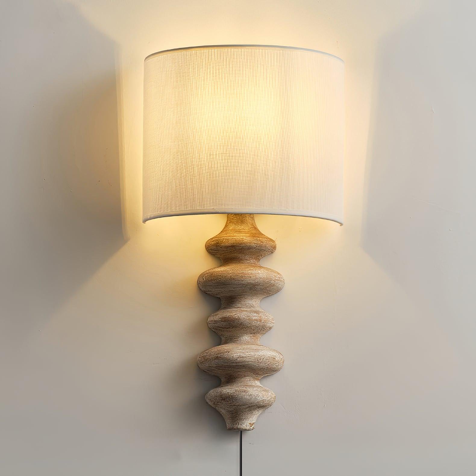 Fishbone Corrugated Solid Wood Plug In Wall Sconce Set of 2 with Linen Shade