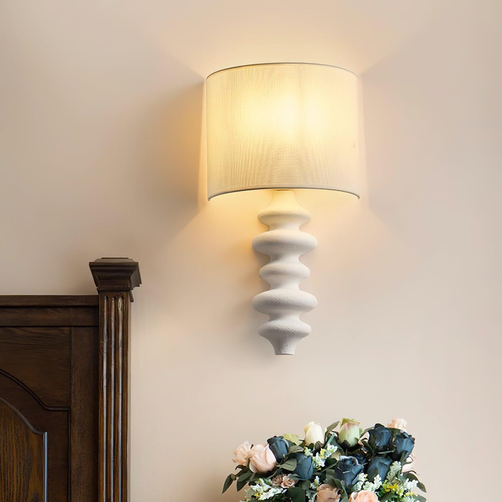 Fishbone Corrugated Solid Wood Plug In Wall Sconce Set of 2 with Linen Shade