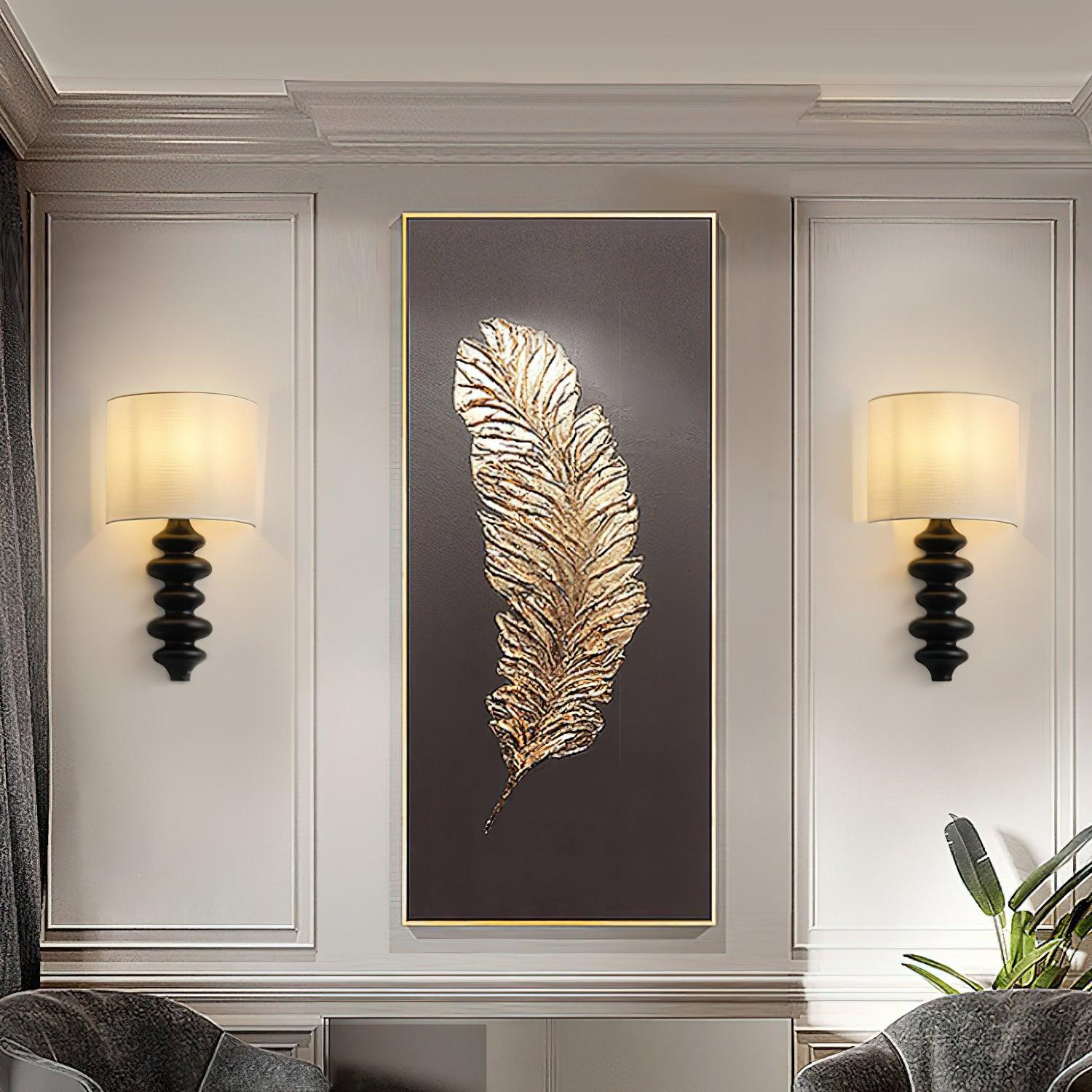 Fishbone Corrugated Solid Wood Plug In Wall Sconce Set of 2 with Linen Shade