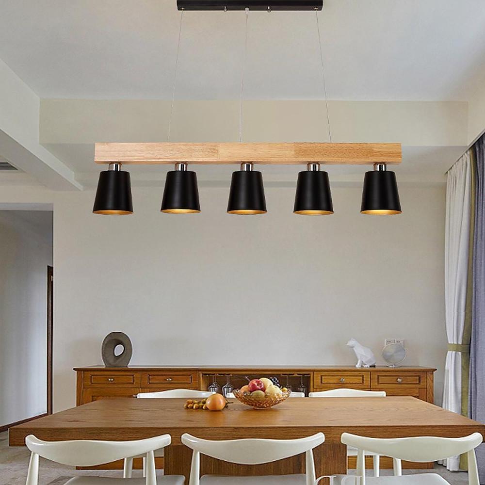 Five Light Linear Wood Chandelier for Kitchen Island and Rustic Modern Dining Room Lighting
