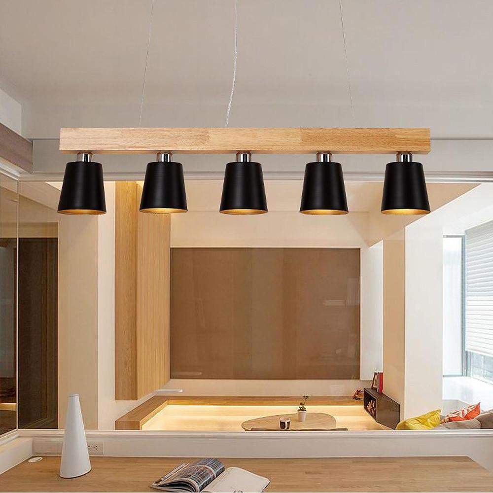 Five Light Linear Wood Chandelier for Kitchen Island and Rustic Modern Dining Room Lighting