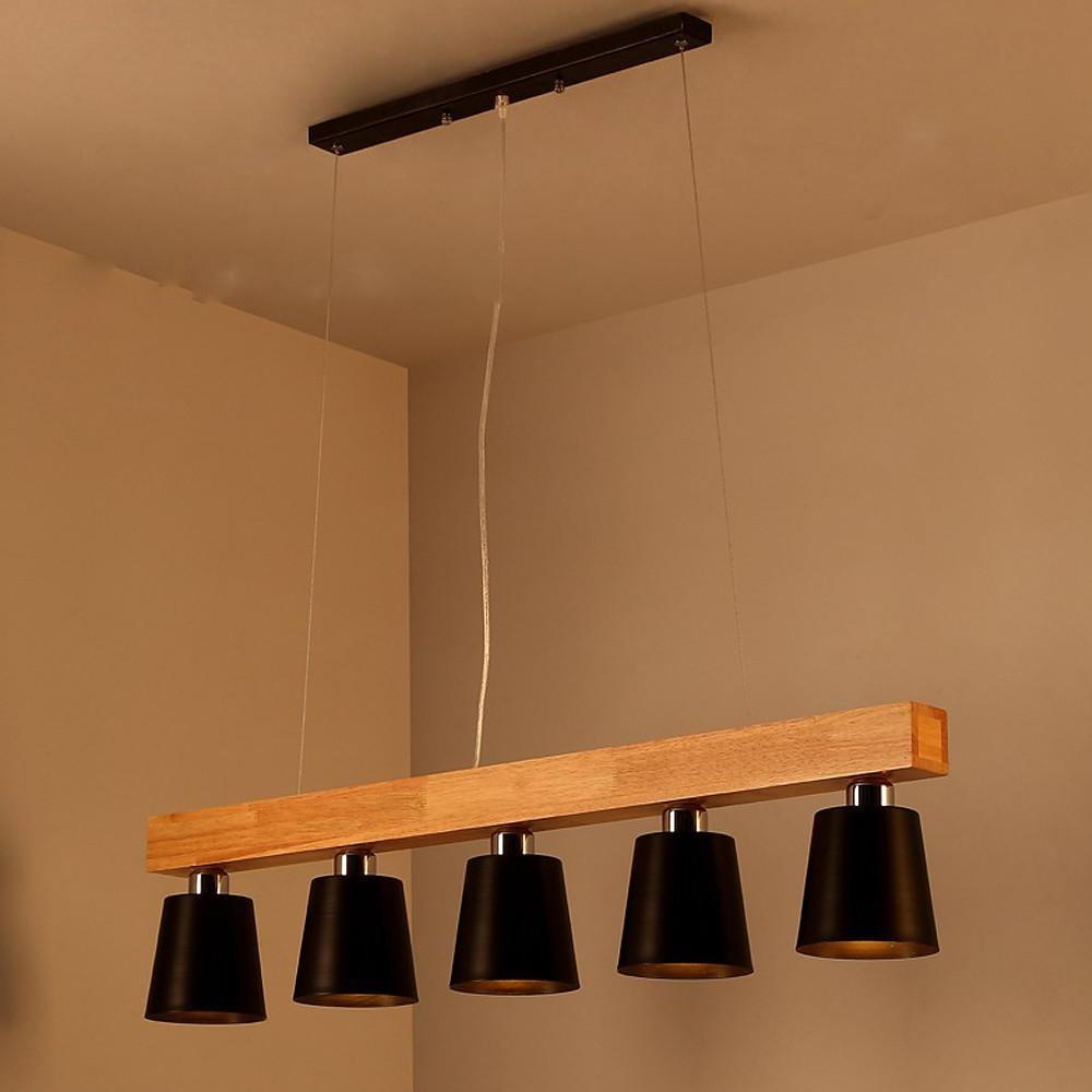Five Light Linear Wood Chandelier for Kitchen Island and Rustic Modern Dining Room Lighting