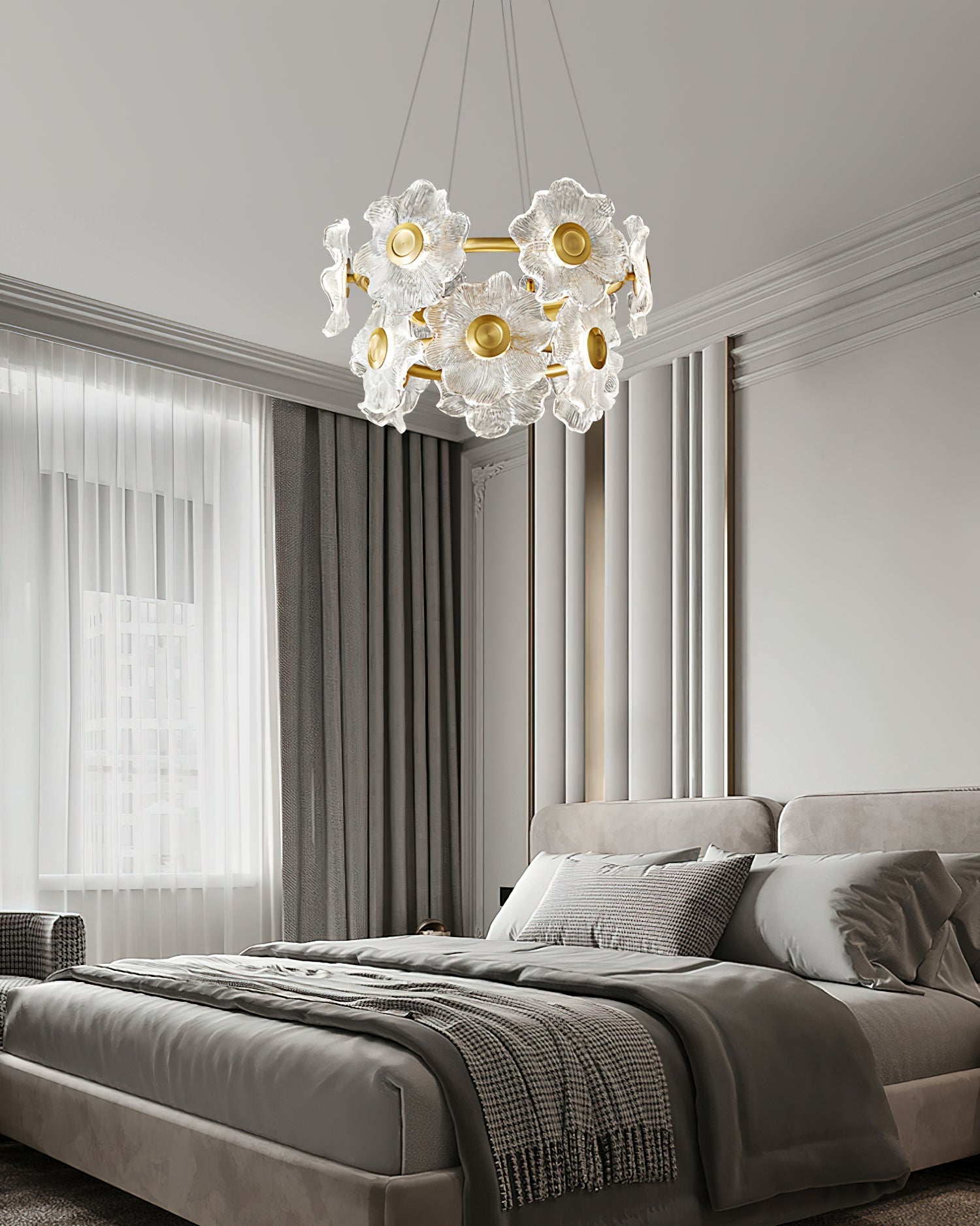 Flora Glass Petal Chandelier Modern Brass LED Pendant Light for Dining and Living Rooms