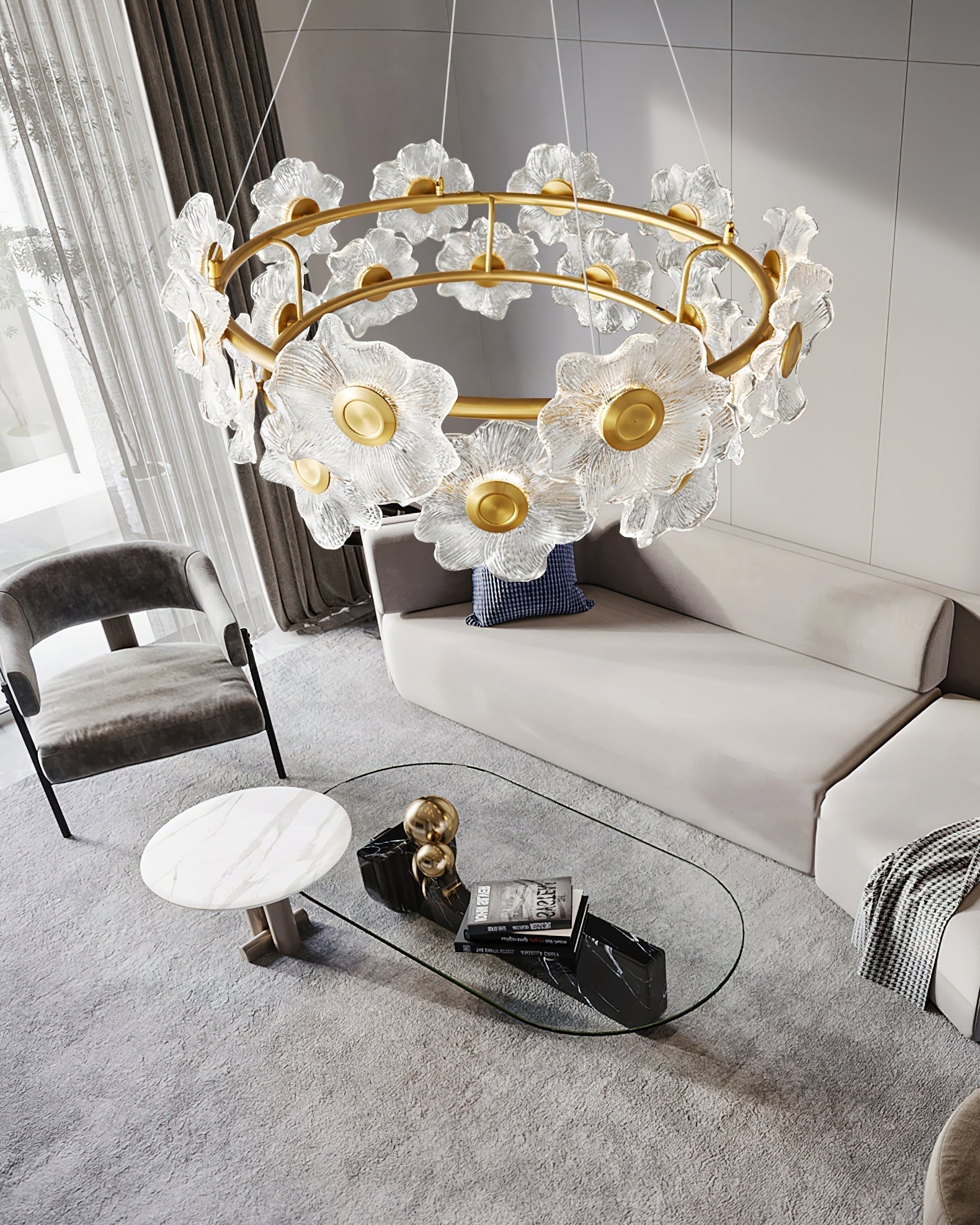 Flora Glass Petal Chandelier Modern Brass LED Pendant Light for Dining and Living Rooms