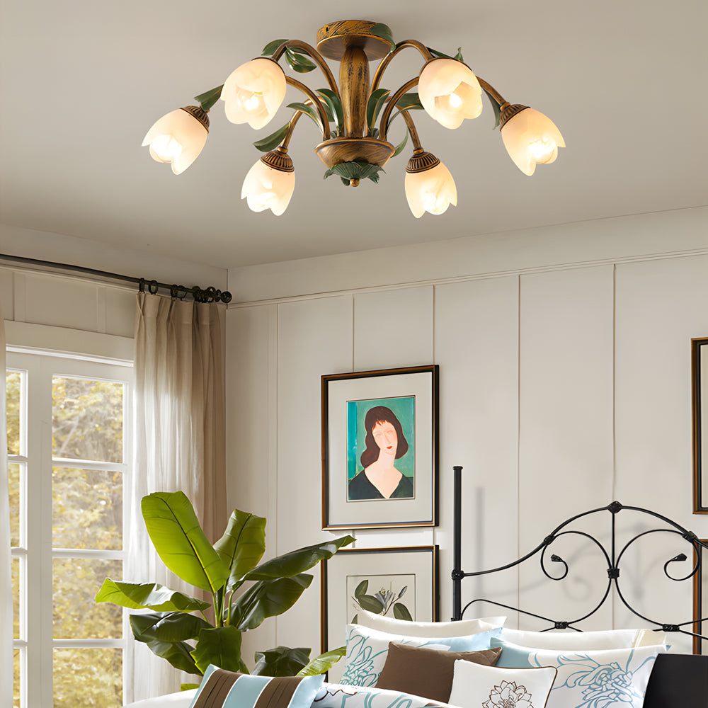 Floral American Pastoral Style Iron Ceiling Light with Glass Flower Shades and 3 Step Dimming
