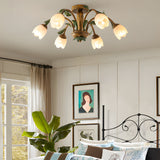 Floral American Pastoral Style Iron Ceiling Light with Glass Flower Shades and 3 Step Dimming