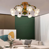 Floral American Pastoral Style Iron Ceiling Light with Glass Flower Shades and 3 Step Dimming
