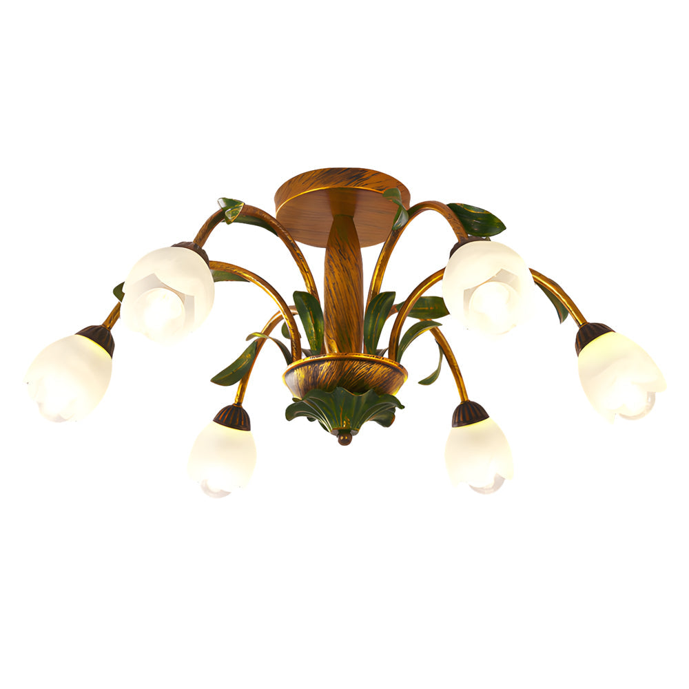 Floral American Pastoral Style Iron Ceiling Light with Glass Flower Shades and 3 Step Dimming