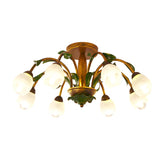 Floral American Pastoral Style Iron Ceiling Light with Glass Flower Shades and 3 Step Dimming
