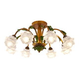 Floral American Pastoral Style Iron Ceiling Light with Glass Flower Shades and 3 Step Dimming
