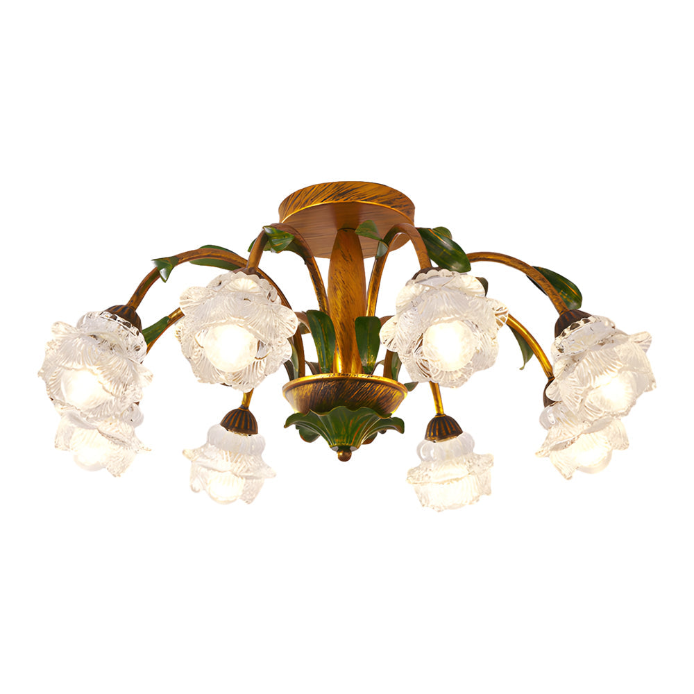 Floral American Pastoral Style Iron Ceiling Light with Glass Flower Shades and 3 Step Dimming