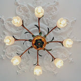 Floral American Pastoral Style Iron Ceiling Light with Glass Flower Shades and 3 Step Dimming