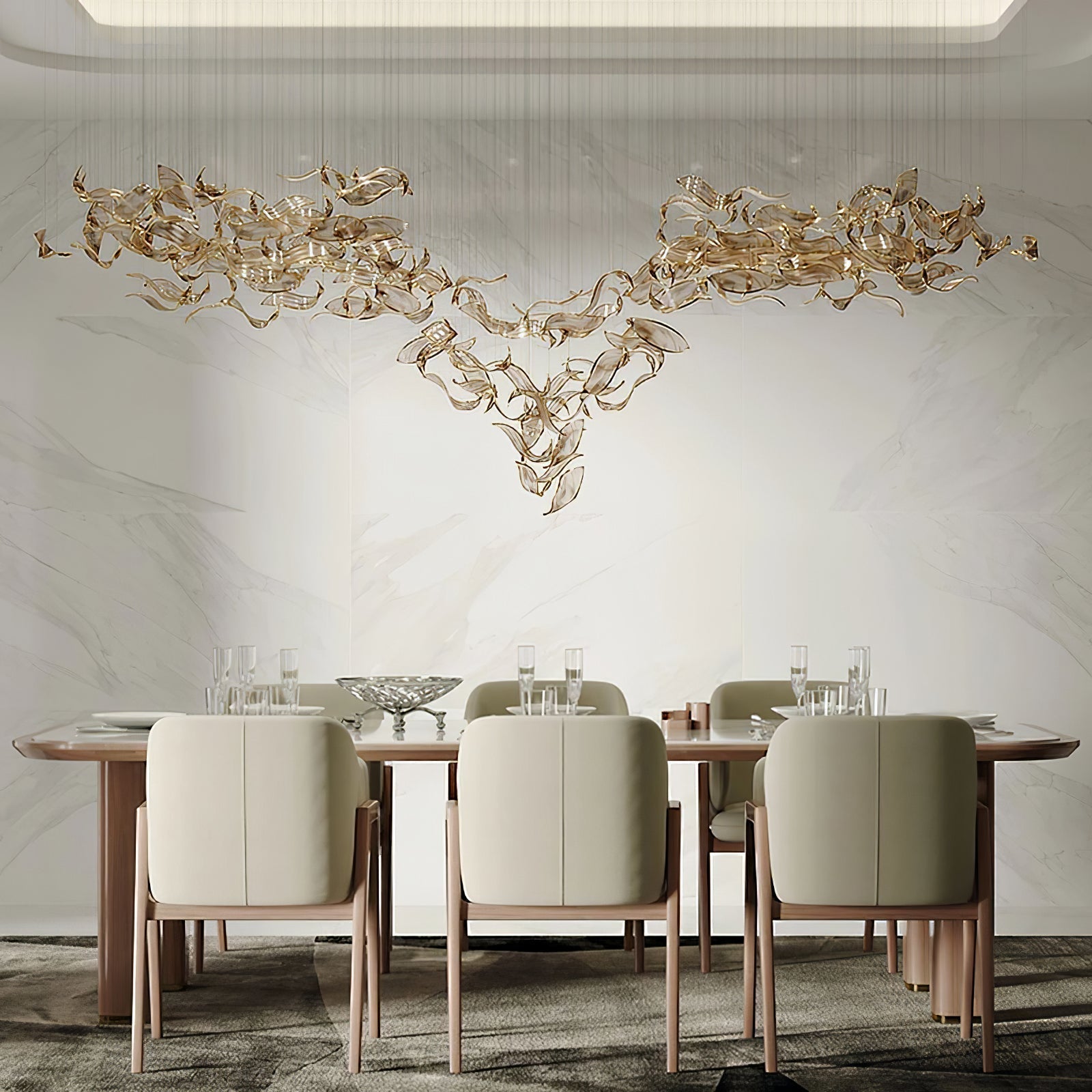 Fluttering Leaves Nature Inspired Large LED Chandelier with Amber Glass for Hotels and Living Rooms