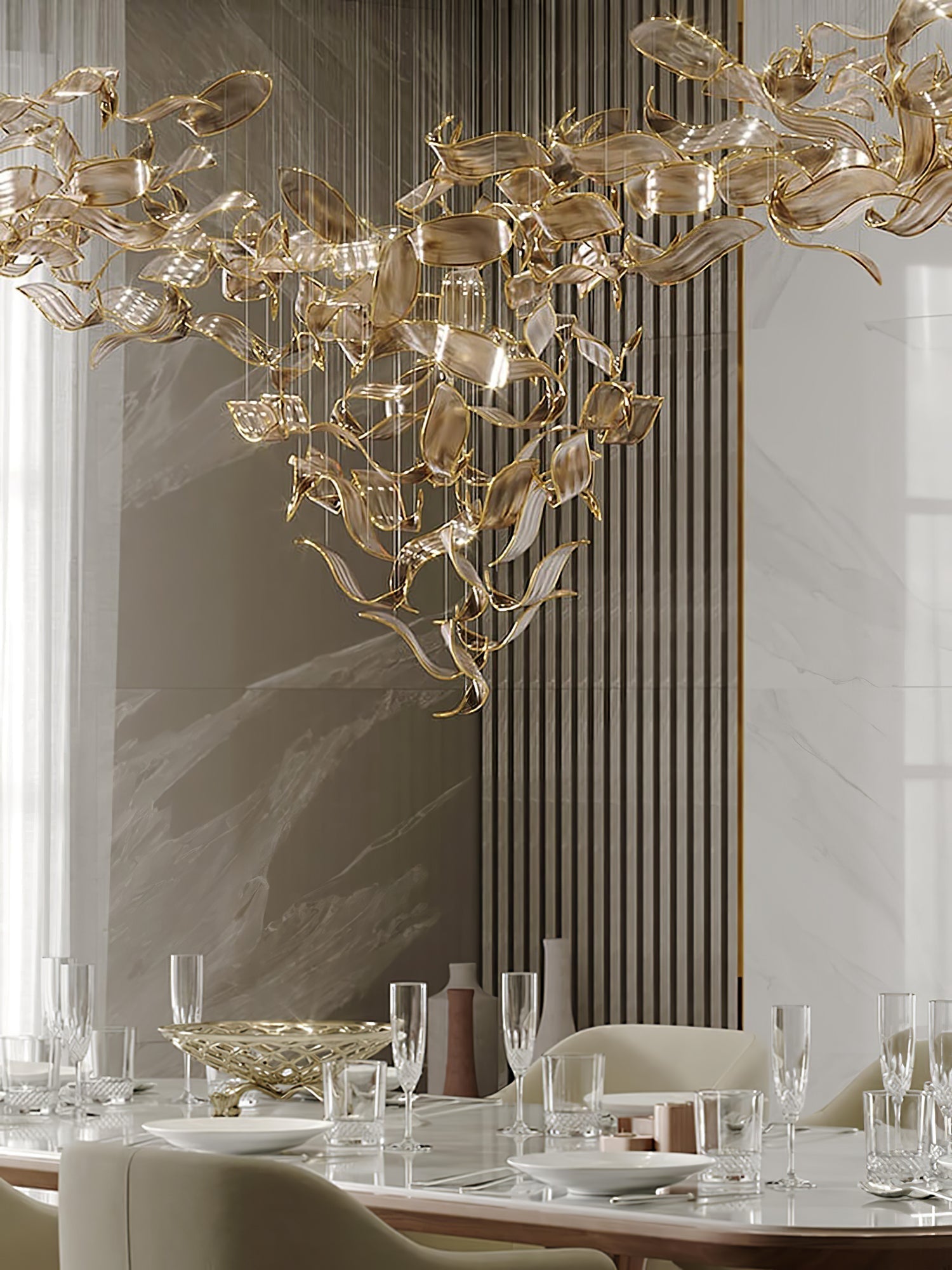 Fluttering Leaves Nature Inspired Large LED Chandelier with Amber Glass for Hotels and Living Rooms