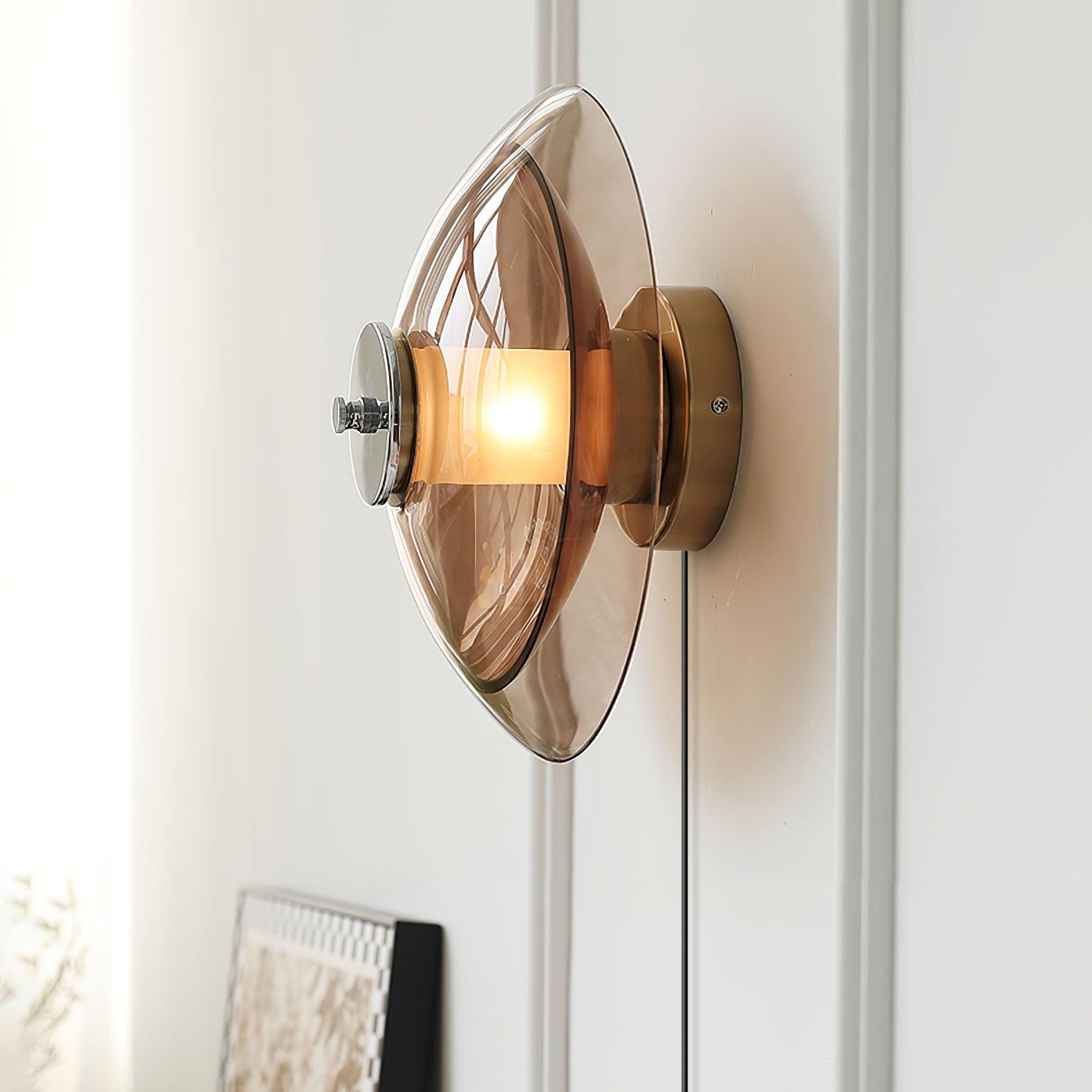 Flying Saucer Amber Glass Wall Sconce Modern Chrome Plug In Lighting