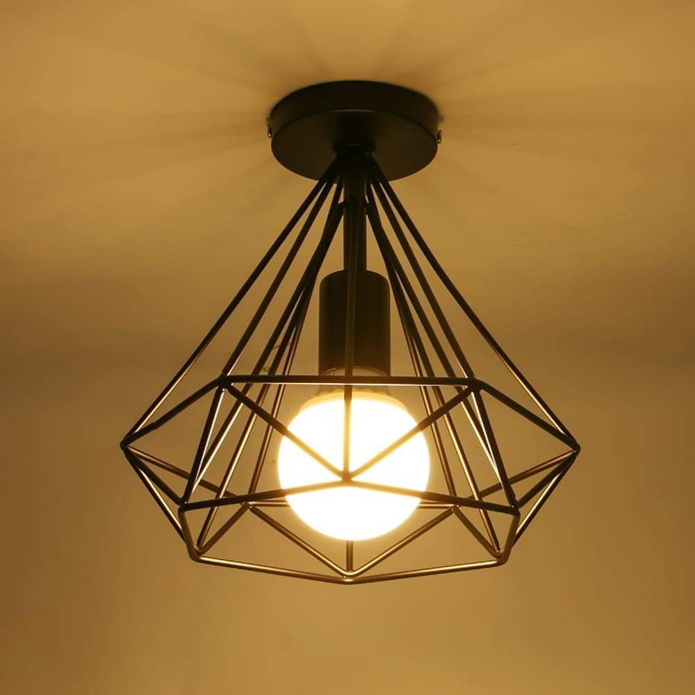 Vintage Geometric Black Metal Cage Flush Mount LED Ceiling Light for Hallways and Kitchens