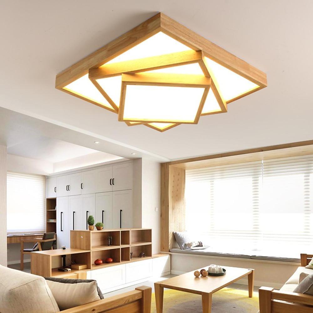 Modern Nordic Square Wood Dimmable LED Ceiling Light Flush Mount Fixture for Home