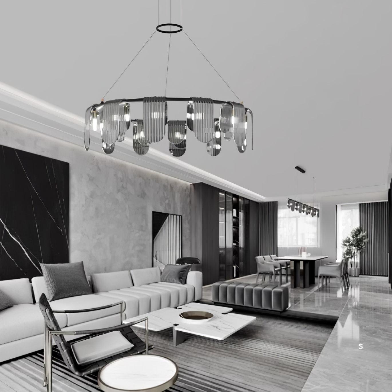 Folioles Modern Brass Gasolier Chandelier with Smoke Gray Glass Shades for Elegant Interiors