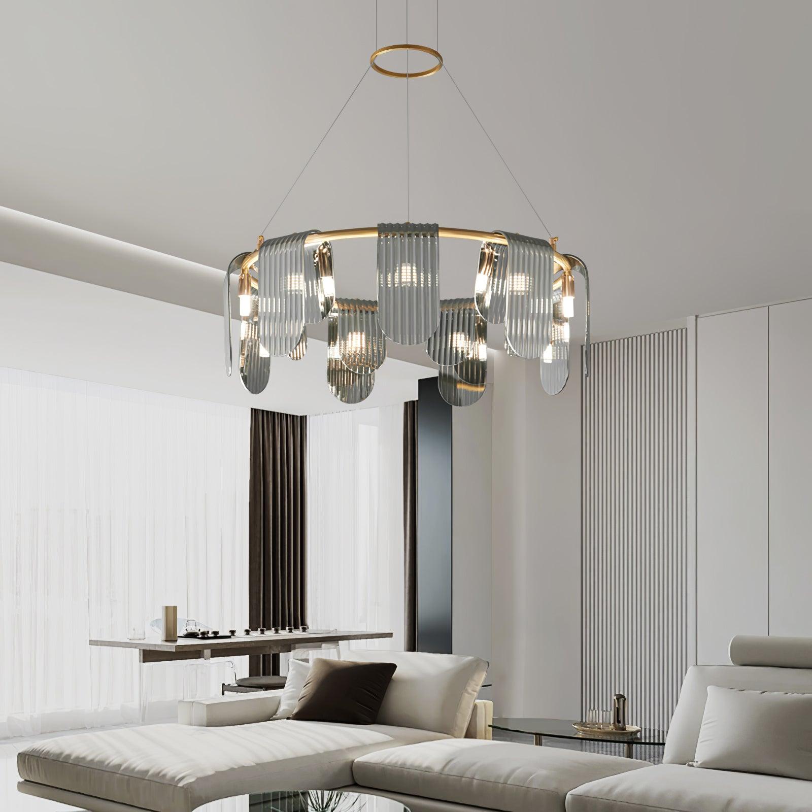 Folioles Modern Brass Gasolier Chandelier with Smoke Gray Glass Shades for Elegant Interiors