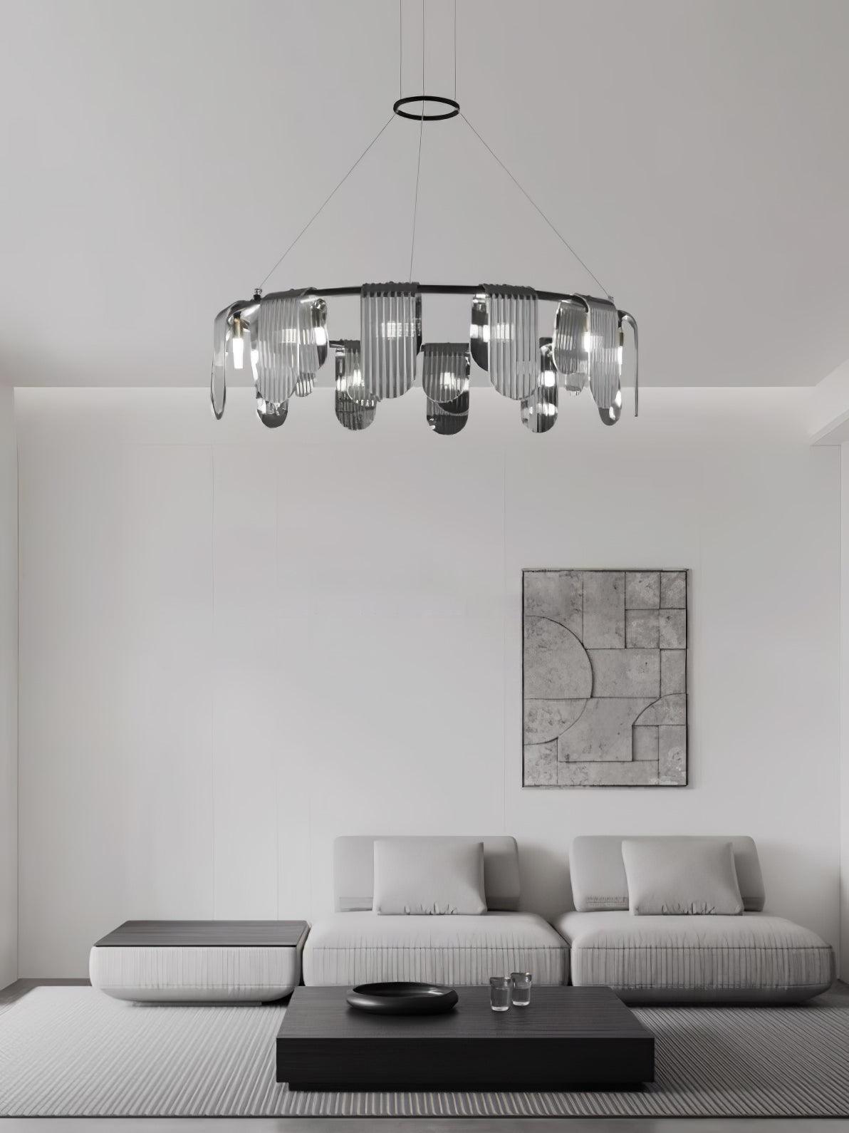 Folioles Modern Brass Gasolier Chandelier with Smoke Gray Glass Shades for Elegant Interiors