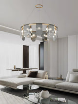 Folioles Modern Brass Gasolier Chandelier with Smoke Gray Glass Shades for Elegant Interiors