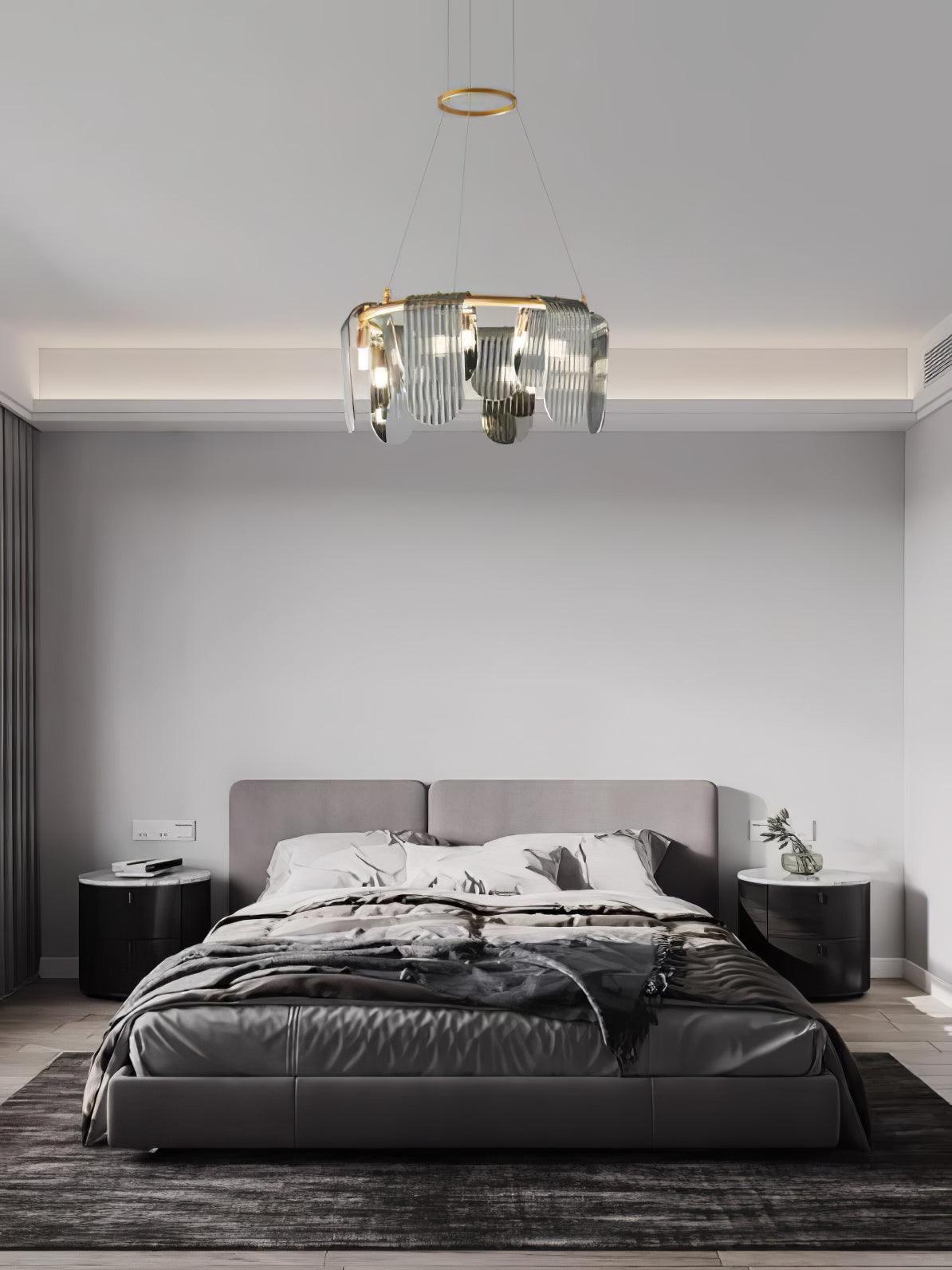 Folioles Modern Brass Gasolier Chandelier with Smoke Gray Glass Shades for Elegant Interiors