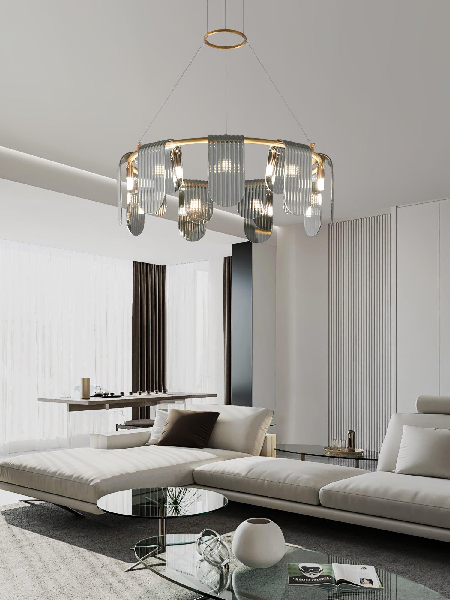 Folioles Modern Brass Gasolier Chandelier with Smoke Gray Glass Shades for Elegant Interiors