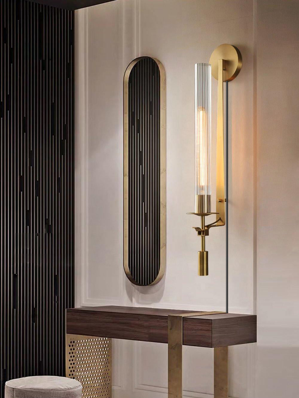 French Classic Brass Wall Sconce with Clear Ribbed Glass and Plug In Cord for Bedroom