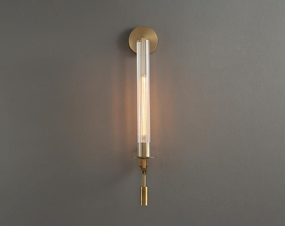 French Classic Brass Wall Sconce with Clear Ribbed Glass and Plug In Cord for Bedroom