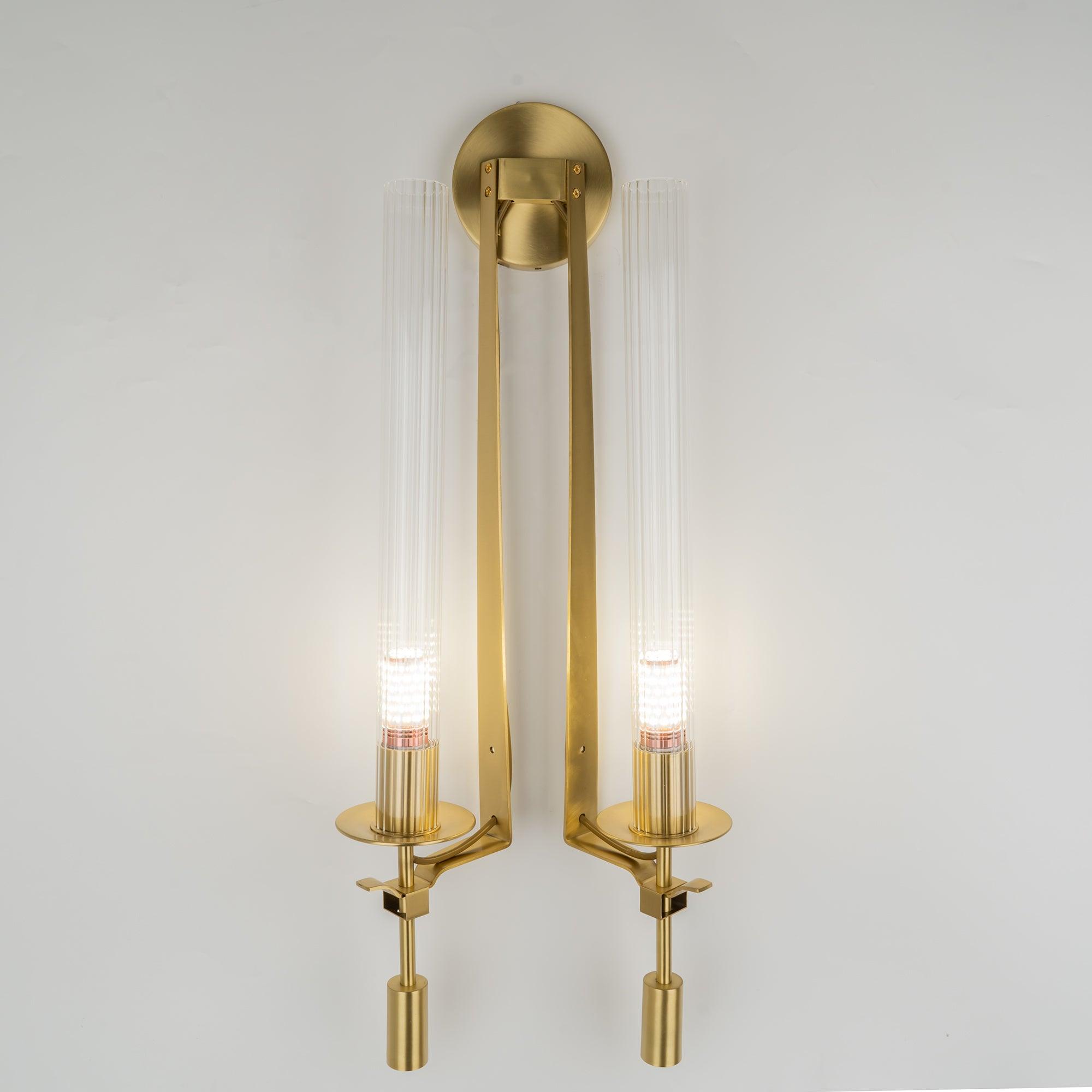 French Classic Brass Wall Sconce with Clear Ribbed Glass and Plug In Cord for Bedroom