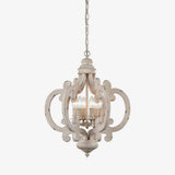 French Country Antique White Wood and Metal Lantern Chandelier 6 Light Pendant